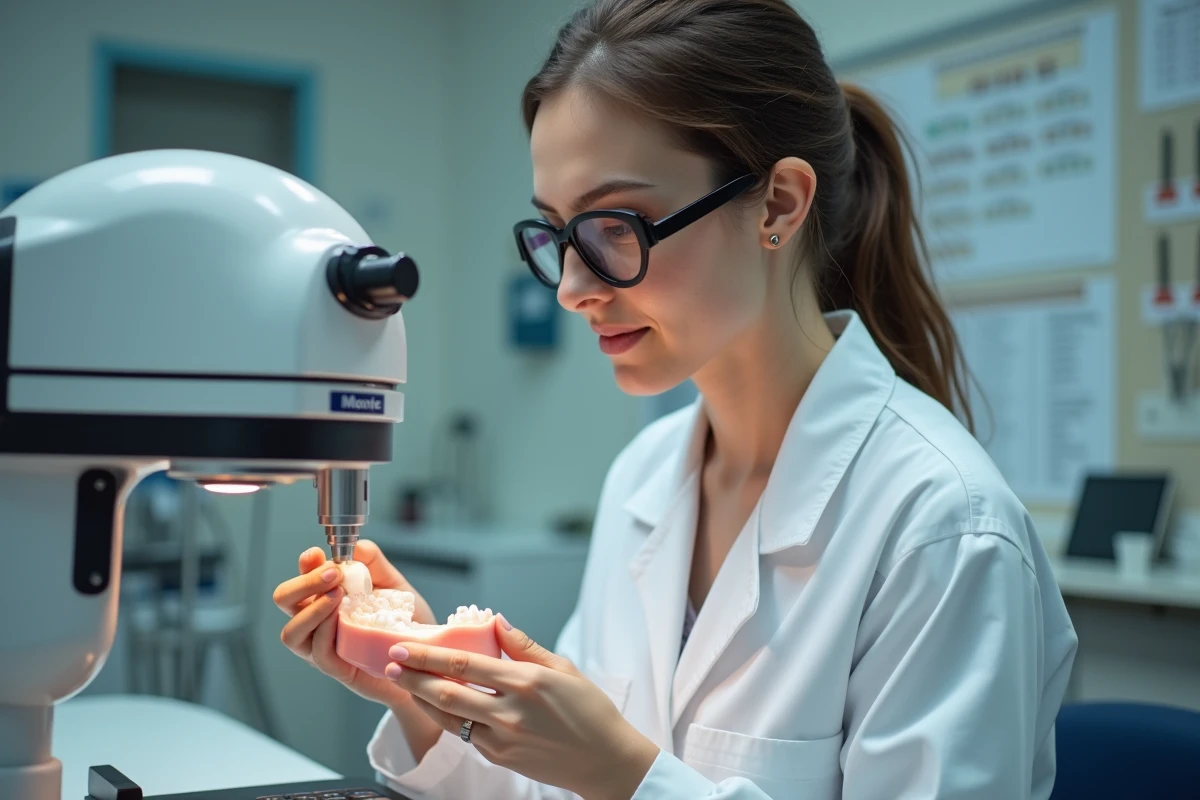 Technicienne dentaire finissant les bords de dents en résine sur une prothèse partielle à l'aide d'un instrument rotatif en laboratoire