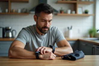Homme comparant un tensiomètre montre connectée avec un tensiomètre traditionnel à brassard dans une cuisine moderne