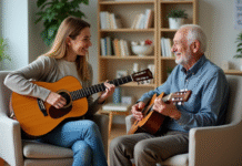 Musicothérapeute : Comment ça marche et quels bienfaits ? Femme musicothérapeute jouant de la guitare avec un senior dans une salle chaleureuse