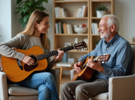 Musicothérapeute : Comment ça marche et quels bienfaits ? Femme musicothérapeute jouant de la guitare avec un senior dans une salle chaleureuse