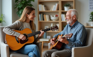 Musicothérapeute : Comment ça marche et quels bienfaits ? Femme musicothérapeute jouant de la guitare avec un senior dans une salle chaleureuse