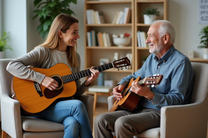 Femme musicothérapeute jouant de la guitare avec un senior dans une salle chaleureuse