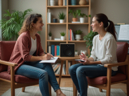 Musicothérapie : choisir le type de musique le plus efficace pour les séances thérapeutiques Thérapeute musicale femme avec client jeune en séance
