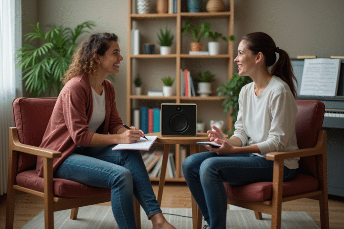Thérapeute musicale femme avec client jeune en séance