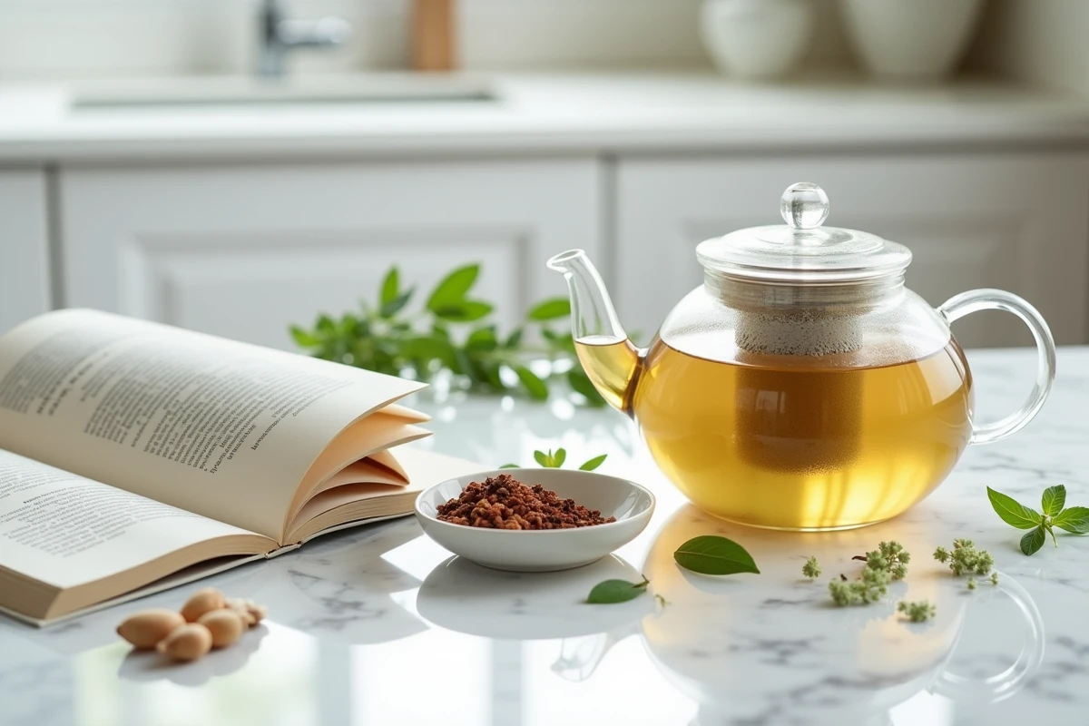 Tisane pour femme enceinte avec plantes médicinales autorisées sur marbre blanc