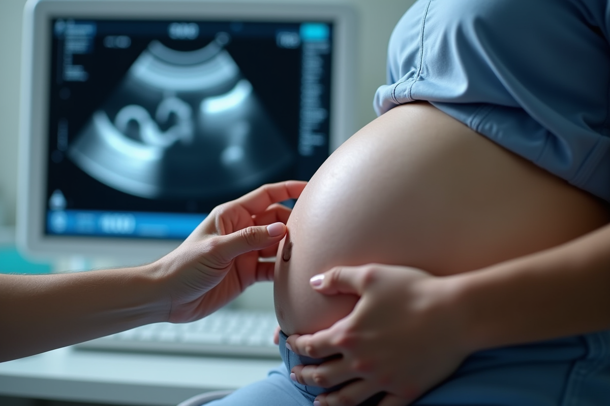 Main du medecin effectuant une echographie sur une femme enceinte