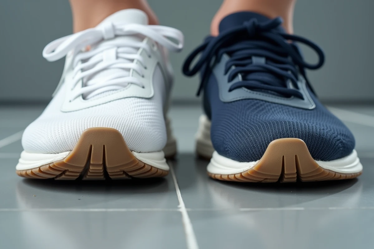 Gros plan sur deux baskets usées de manière asymétrique côté interne, signe caractéristique de la supination liée au pied plat