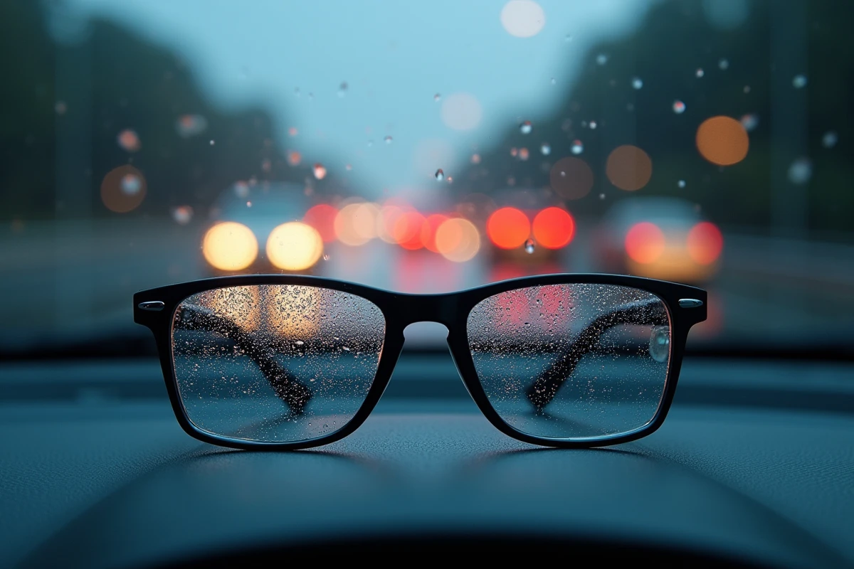 Gros plan sur des verres ZEISS avec revêtement anti-reflets posés dans une voiture sous la pluie