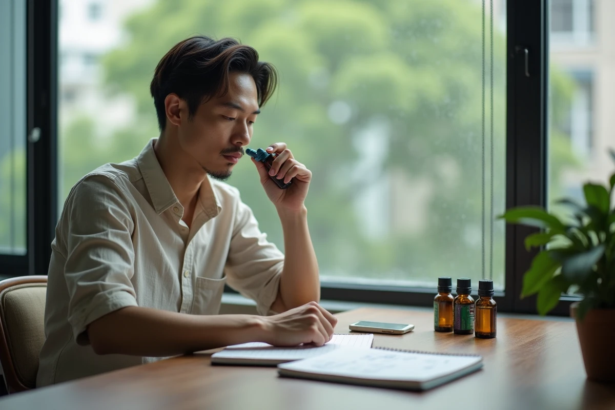 Homme comparant un yadom thaïlandais et des huiles essentielles à son bureau dans un appartement de Bangkok