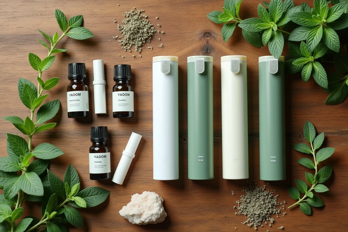 Yadom thaïlandais et flacons d'huiles essentielles disposés en flat-lay sur une surface en bois avec plantes aromatiques
