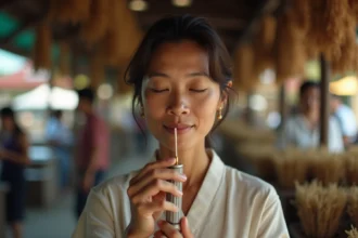 Femme thaïlandaise utilisant un yadom, bâtonnet inhalateur traditionnel thaïlandais aux huiles essentielles, sur un marché local